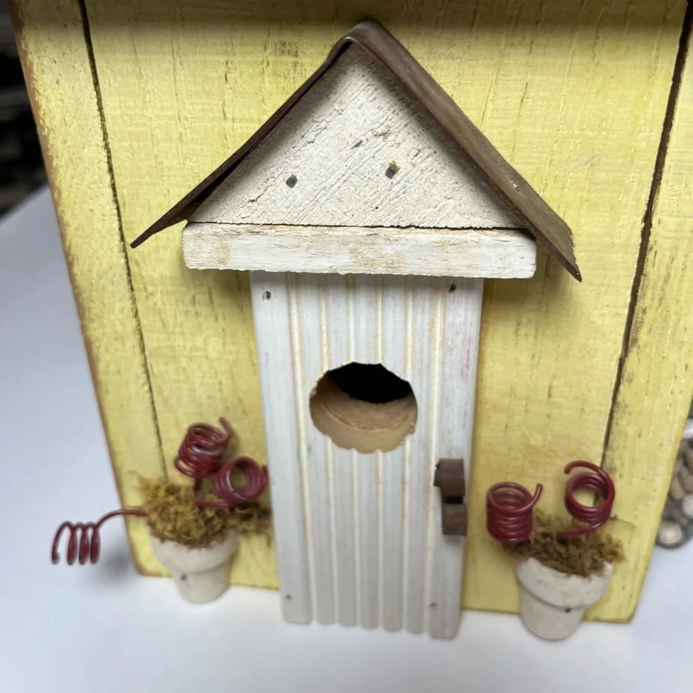 NWT crate & barrel stone chimney birdhouse. Great yellow wood & metal birdhouse